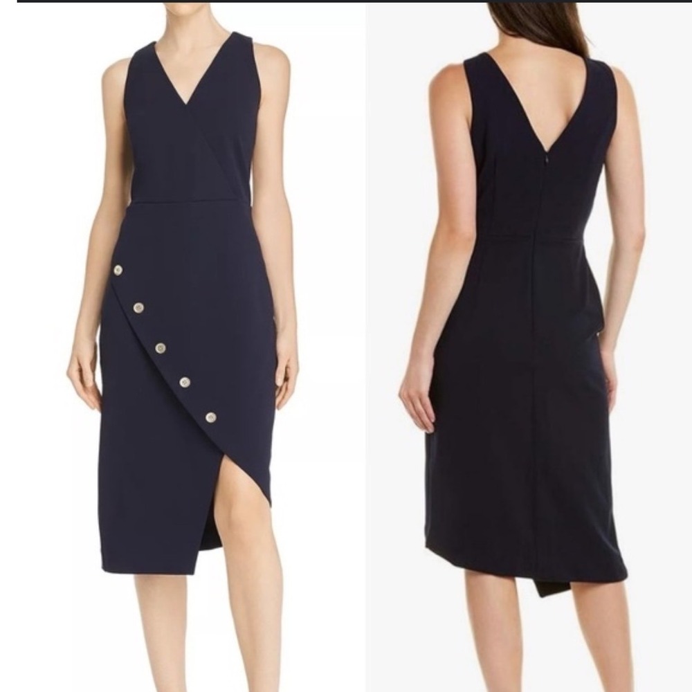 New Nanette Lepore Navy Blue Asymmetric Hem Button‎ Front Sheath Dress Size 12
